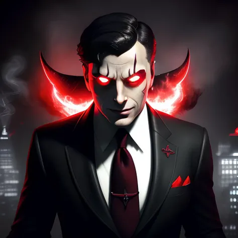 high quality, highres, absurdres, man,black suit,  smoking, blurry background, angry, evil smile, evil grin, black white background, simple background, black background, satan, satanic, red, black, red and black, evil, bioshock \(series\), devil, devilish,