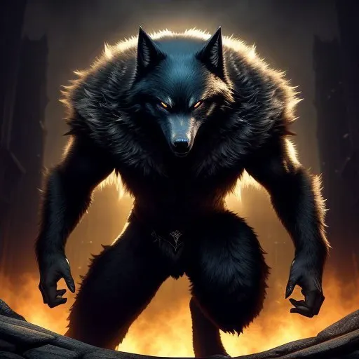dynamic pose of werewolf from underworld, ultra wide angle, in focus, dark epic background, gorgeous lifelike, golden fur design, the full and whole body, full length shot, hyper details, lighting art, cinematic, insane details, intricate details, hyperdetailed, goth, fractal, dark shot,