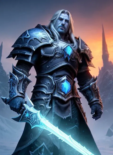 ((extremelly 8k unity wallpaper1.2)), Arthas lich king, (world of warcraft:1.3), fantasy armor, perfect face, artstation, trend on artstation, intricate details, insane details, sharp focus, HDR, warm light