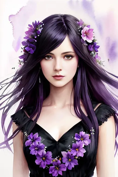 watercolor portrait painting of violet haired woman, straight hair, long hair, black dress, (gothic), flower petals, full body, detailed, (painterly), by greg rutkowski,