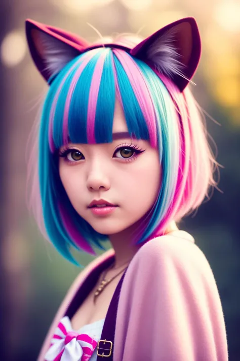 Japanese kawaii Harajuku fashionista, multi-colored pastel hair, cute cat ears, 24mm, 4k textures, soft cinematic light, adobe lightroom, photolab, hdr, intricate, highly detailed, sharp focus, soothing tones, insane details, intricate details, hyperdetailed, low contrast, soft cinematic light, exposure blend