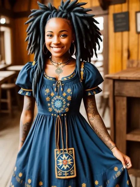 Portrait photo of black girl, smiling, tattoo, blue dread, (folk dress: 1.3), Ukrainian short dress, feminine features, insane details, intricate details, super detail, intricate background, medieval tavern, indoor