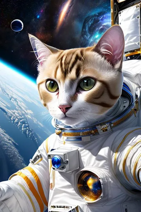 best quality ,masterpiece, illustration, an extremely delicate and beautiful, extremely detailed ,CG ,unity ,8k wallpaper, Amazing, finely detail, masterpiece, best quality, official art, extremely detailed CG unity 8k wallpaper, ultra-detailed, highres, extremely detailed, ((beautiful detailed Siamese cat 1.5)),(white nose) (wearing a space suit:1.5), extremely detailed eyes and face, beautiful detailed eyes, light on face, glaring, (galaxy:1.2), star \(sky\), outdoors, (upper body:1.4), detailed sky, night, detailed fur, depth of field<hypernet:By bad artist -neg:1>