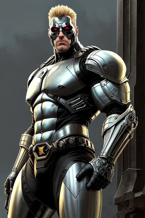 Duke Nukem as robocop, (shiny:0.6), (natural skin texture,  soft light, sharp:1.2), (natural skin texture, soft light, sharp:1.2), Art by Joe Madureira and Craig Mullins, complex background, stuff in the background, highly detailed, (gloomy:1.3), dark, dimmed, hdr, vignette, grimy, (slate atmosphere:0.8), (intricate details:1.12), hdr, (intricate details, hyperdetailed:1.15)