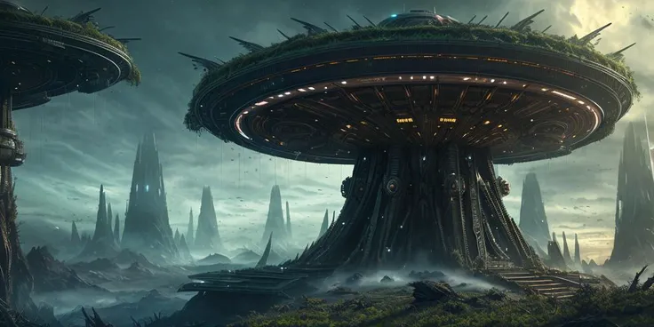 Advanced alien structure, sci-fi, vegetation, abstract, hdr, dark, (grim), heavy atmosphere, (intricate details, hyperdetailed:1.2), cinematic shot