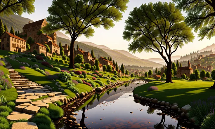 an award winning, concept art, fine art, digital art, view of a medieval fantastic ((town in a lush valley)):
"quaint",
"picturesque",
"rustic",
"lush",
"abundant",
"greenery",
"rolling hills",
"meadows",
"wildflowers",
"fruit trees",
"cobblestone paths",
"cottages",
"stone houses",
((ivy-covered house)),
wild grass,
:: (((sense of awe))), epic, ((cinematic lighting)), high quality, high contrast, realistic lighting, center of frame, , 4k textures, adobe lightroom, photolab, hdr, ((intricate)), elegant, highly detailed, sharp focus, insane details, intricate details, hyperdetailed, harsh cinematic light, outdoor atmosphere