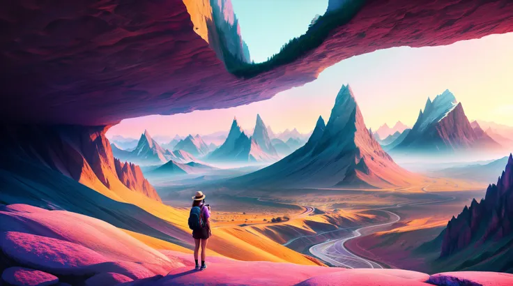 (dreamlikeart), tourist in dynamic pose,twisted mountains, (cirrocumulus:0.8), (canyon:0.2), (river:0.3), artstation, extreme details, (hdr), perfect composition, intricate, moody, pastel colors