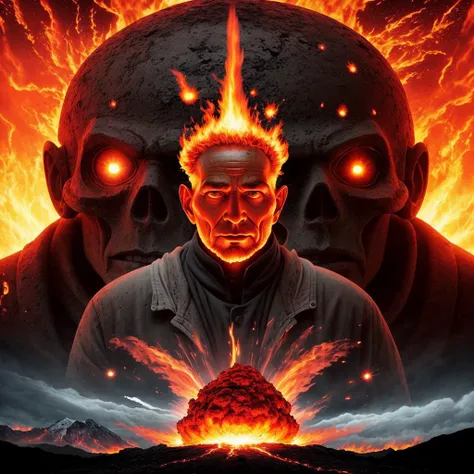 Oppenheimer the Fire Golem Fire troll  burning with blood of lava exploding in a fever of anger  exploding into the countryside pf doom now man remains where the ego of a elemental shatters and blurts splits into a thousand pieces of exploding flame like so many atomic bombs ,atomic bomb documentary ,photo realistic ,(atomic explosion:1.5),amazing artwork,absurdres,photo of a theatre play,shot with a nikon