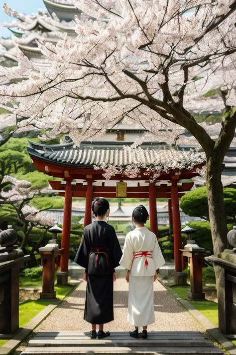 <lora:epiNoiseoffset_v2:1>, ((masterpiece,best quality)),2girls, black kimono, black legwear, black ribbon, black hair, cherry blossoms, day, flower, hair bun, hair ribbon, japanese clothes, kimono, long hair, looking at viewer, looking back, multiple girls, obi, outdoors, red eyes, red hair, ribbon, sandals, single hair bun, stairs, standing, statue, torii, tree, white kimono, yellow eyes