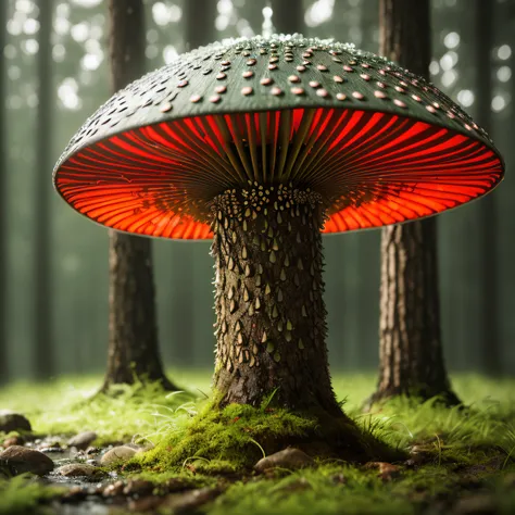 A photo of a big Amanita muscaria in a swedish forest at night, night sky, raining, grass, high quality, highres, absurdres, 8k, nighttime, in the dark, darkness, depth of field, water drops, rain drops, nature, forest, outdoors, tree, trees, photography, high definition, highly detailed, hyper detailed, ultra realism, photorealistic, cinematic light, dynamic lighting, studio quality, very intricate, smooth, sharp focus, lightrays, award winning, 8 k,