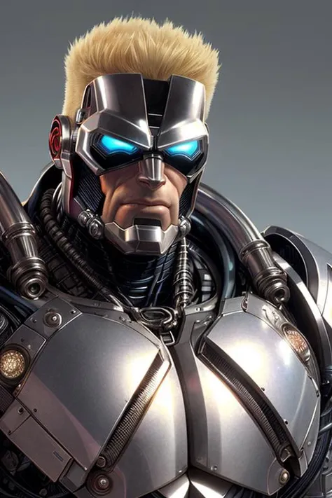 Portrait of Duke Nukem as robocop, (shiny:0.6), (natural skin texture,  soft light, sharp:1.2), (natural skin texture, soft light, sharp:1.2), Art by Joe Madureira and Craig Mullins
