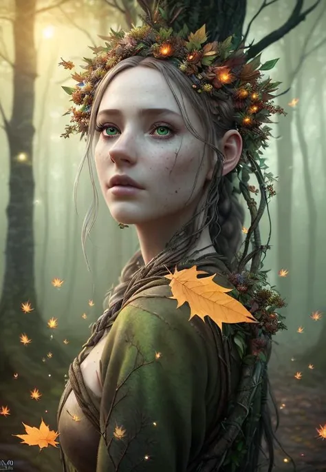photorealistic woman like a tree, leaves, (mysterious look:1.4), (full shot:1.3), concept art, branches in hair, Druid, night time, surrealism, (fireflies on backround:1.1), (fantasy:1.3), flowers, (helios 44-2:1.2), bokeh, cinematic shot, ultra realistic, (autumn time:1.06), concept art, 1 character, solo, intricate details, eerie, highly detailed, photorealistic, realistic, extra detailed, (sharp focus:1.4), 8k UHD, insanely detailed, hyperdetailed, sharp focus, (hyperrealism:1.2)