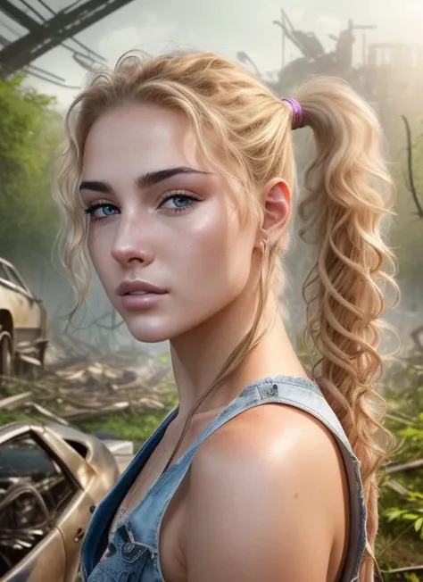 Nikon Z 55 mm, futuristic hyperrealistic portrait of a young beautiful woman, blonde, with natural thick curly hair, (neatly gathered at the back in a ponytail:1.3), in dirty torn denim shorts, (in a dirty torn T-shirt:1.2), under which a completely naked body, (against the background of a destroyed post-apocalyptic city:1.3), (overgrown with dense vegetation:1.3), (amazing body:1.3), detailed amazing face, beautiful sharpen eyes, realistically detailed hair, realistically detailed skin, visible pores, (dirty face and body:0.7), (drops of sweat on the face:0.7), the sun's rays, uniform natural lighting, very gloomy atmosphere, (sexy:1.3), all body