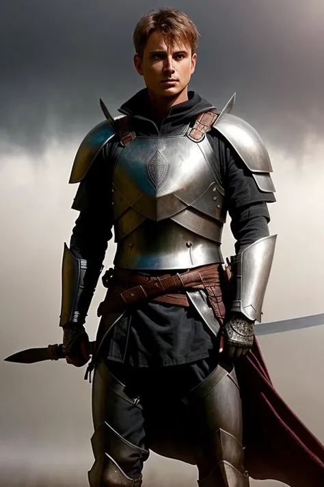 man hero, in light armor, 2 swords hanging from the belt
(foggy background, epic realistic, rutkowski, hdr, intricate details, hyperdetalied, cinematic, rim light, muted color:1.2)