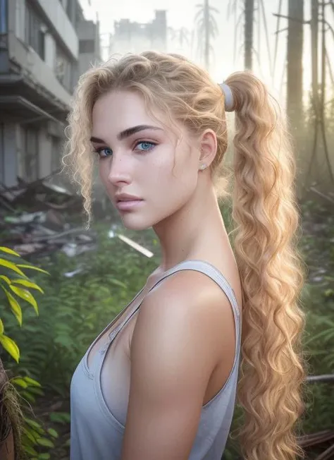 Nikon Z 55 mm, futuristic hyperrealistic portrait of a young beautiful woman, blonde, with natural thick curly hair, (neatly gathered at the back in a ponytail:1.3), in dirty torn denim shorts, (in a dirty torn T-shirt:1.2), under which a completely naked body, (against the background of a destroyed post-apocalyptic city:1.3), (overgrown with dense vegetation:1.3), (amazing body:1.3), detailed amazing face, beautiful sharpen eyes, realistically detailed hair, realistically detailed skin, visible pores, (dirty face and body:0.7), (drops of sweat on the face:0.7), the sun's rays, uniform natural lighting, very gloomy atmosphere, (sexy:1.3), all body