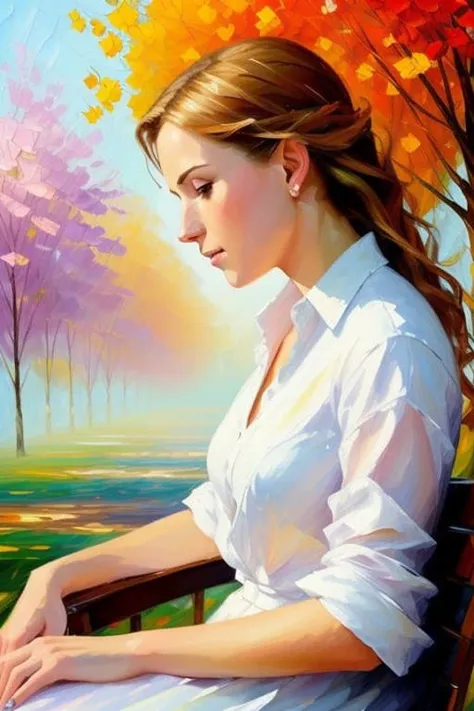 Ultra-detailed woman, (looking thoughtfully into the distance:1.4), in the park, sitting on a bench, full body, outdoors, (not looking at the camera:1.7), (adjusting hair:1.5), (short open shirt:1.2), solo, beautiful detailed sky, (closed mouth), small breasts, beautiful detailed eyes, floating hair, NSFW, seminude bosom, saliva, style-empire, by Alex Huguet, Mike Hill, Ian Spriggs, JaeCheol Park, Marek Denko, picture painted in impressionist style, brushstroke painting technique, palette knife painting, an expressive oil painting, Leonid Afremov