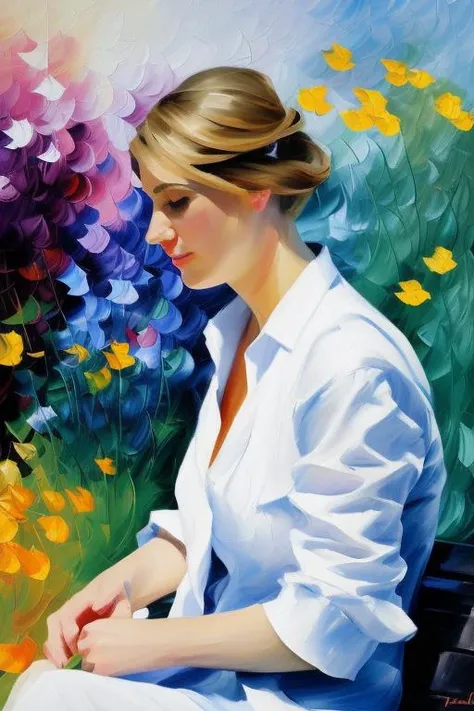 Ultra-detailed woman, (looking thoughtfully into the distance:1.4), in the park, sitting on a bench, full body, outdoors, (not looking at the camera:1.7), (adjusting hair:1.5), (short open shirt:1.2), solo, beautiful detailed sky, (closed mouth), small breasts, beautiful detailed eyes, floating hair, NSFW, seminude bosom, saliva, style-empire, by Alex borderlands, Huguet, Mike Hill, Ian Spriggs, JaeCheol Park, Marek Denko, picture painted in impressionist style, brushstroke painting technique, palette knife painting, an expressive oil painting, Leonid Afremov<hypernet:annapichnenko:0.7>
