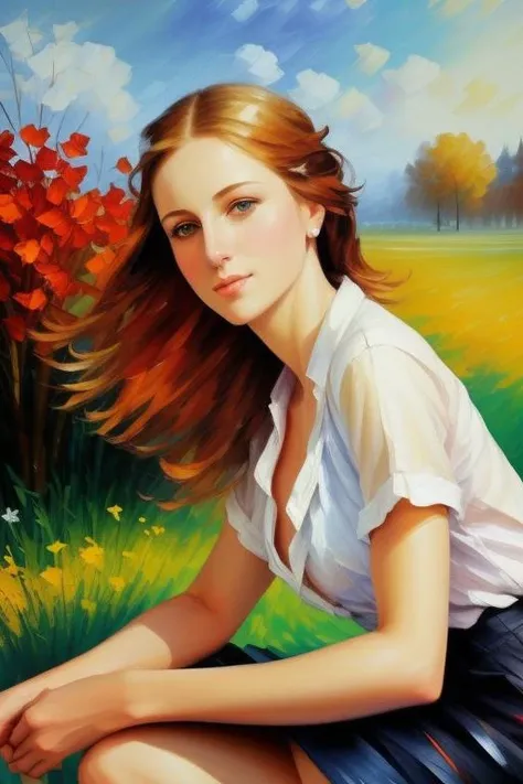 Ultra-detailed woman, (looking thoughtfully into the distance:1.4), in the park, sitting on a bench, full body, outdoors, (not looking at the camera:1.7), (adjusting hair:1.5), (short open shirt:1.2), solo, beautiful detailed sky, (closed mouth), small breasts, beautiful detailed eyes, floating hair, NSFW, seminude bosom, saliva, style-empire, by Alex Huguet, Mike Hill, Ian Spriggs, JaeCheol Park, Marek Denko, picture painted in impressionist style, brushstroke painting technique, palette knife painting, an expressive oil painting, Leonid Afremov<hypernet:annapichnenko:0.7>