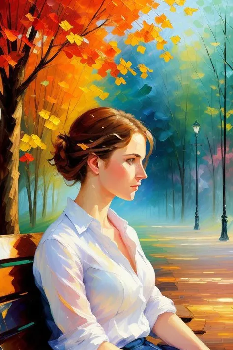 Ultra-detailed woman, (looking thoughtfully into the distance:1.4), in the park, sitting on a bench, full body, outdoors, (not looking at the camera:1.7), (adjusting hair:1.5), (short open shirt:1.2), solo, beautiful detailed sky, (closed mouth), small breasts, beautiful detailed eyes, floating hair, NSFW, seminude bosom, saliva, style-empire, by Alex Huguet, Mike Hill, Ian Spriggs, JaeCheol Park, Marek Denko, picture painted in impressionist style, brushstroke painting technique, palette knife painting, an expressive oil painting, Leonid Afremov