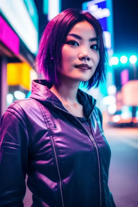 beauty woman on city street, cyberpunk, looking at camera, slight smile, rtx, raw photo, canon 5d, ((real skin)) <lora:Faye_Delib:0.9>