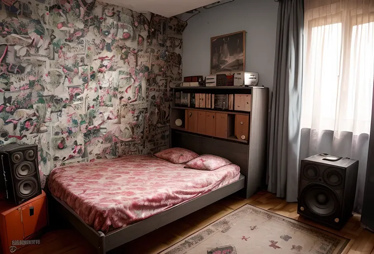 sunset lightning, shadows, dark shot, a post-soviet russian style room, (the place is just really small:1.3) , rugged sofa, (stereo set Yamaha with a speakers:1.21), tiles curtain bangs, in 1992 year, (book shelf:0.9) whith some CDs, door, (the only fake window:0.7), carpet,
grey wallpaper, simple ceiling, (bedsheet:1.2)