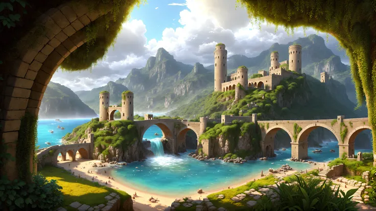 <lora:epiNoiseoffset_v2:1>, A mesmerizing 32k rendering of mystical plateau under dep sea, old roman aquaduct with flowing water, depth of field, Italian fortress and towers as a background covered with moss and ivy, the river of consecrated and reflected water is located at the foot of the portal , celestial clouds that emit smooth yellow lightning, big leaf, green soft shine nature lights, nature Mediterranean environments, in the art style of Pixar Animation Studio, AAA, Artstation trending, with a perfect composition and golden ratio, highly detailed, dramatic lighting, mist, ambient occlusion, volumetric lighting, glamorous, emotional, hyper detailed illustration and viewed from an isometric top-view angle