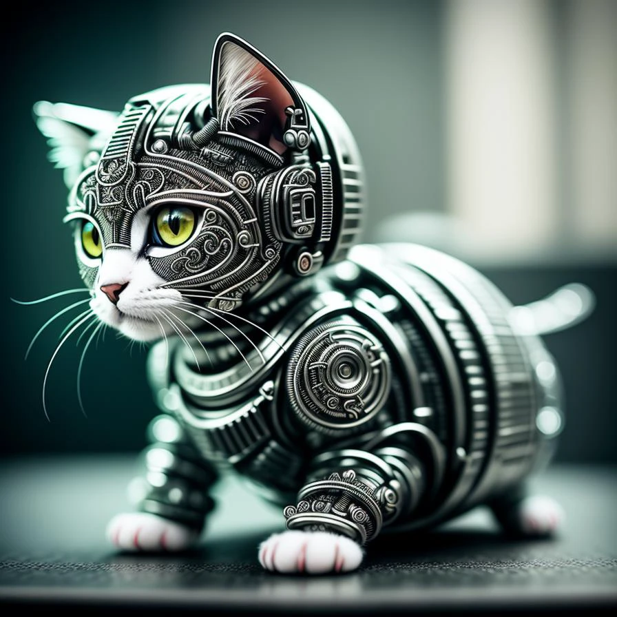 a cute kitten made out of metal, (cyborg:1.1), ([tail | detailed wire]:1.3), (intricate details), hdr, (intricate details, hyperdetailed:1.2), cinematic shot, vignette, centered