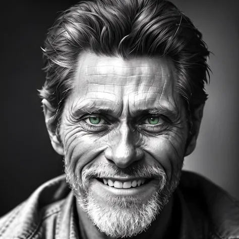 (best quality,masterpiece), model shot, extreme close-up, sharp focus,
((Willem Dafoe)),((dramatic hdr)),detailed wrinkled face, greyscale,4k skin texture, ((crazy smile)), emphasis on green eyes,
gloom \(expression\),dramatic lighting,trending on artstation,trending on CGSociety,immense details, <lora:epiNoiseoffset_v2:0.8>