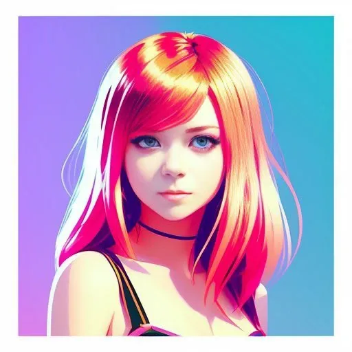 vector art, artwork by Ilya Kuvshinov, artwork by WLOP, detail vector art, loose brush effect, luminance, warm bright pastel colors, perfect hips, young Avril Lavigne, stretching, luminous, warm copper hair, pale, blue eyes, vector art, hazed out, artwork by Ilya Kuvshinov, bright orange-pink car show background