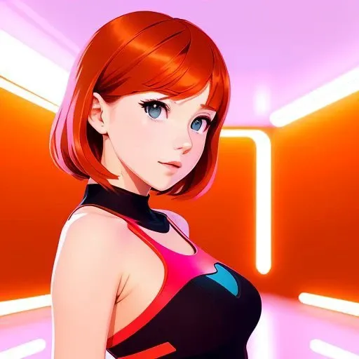vector art, artwork by Ilya Kuvshinov, artwork by WLOP, detail vector art, luminance, warm bright pastel colors, perfect hips, Riuko Matoi stretching, luminous, warm copper hair, pale, blue eyes, vector art, hazed out, artwork by Ilya Kuvshinov, bright orange-pink car show background