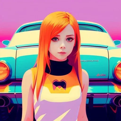 vector art, artwork by Ilya Kuvshinov, artwork by WLOP, ultra vector art, loose brush effect, luminance, warm bright pastel colors, perfect hips, young Avril Lavigne, posing, luminous, warm copper hair, pale, blue eyes, blink out, artwork by Ilya Kuvshinov, bright orange-pink car show background