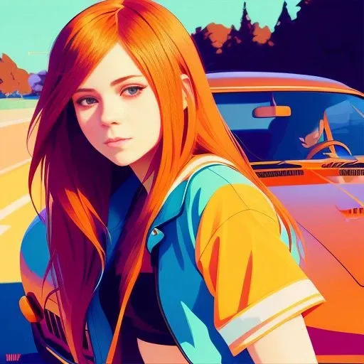 vector art, artwork by Ilya Kuvshinov, artwork by WLOP, ultra vector art, loose brush effect, luminance, warm bright pastel colors, perfect hips, young Avril Lavigne, posing, luminous, warm copper hair, pale, blue eyes, brush out, artwork by Ilya Kuvshinov, bright orange-pink car show background