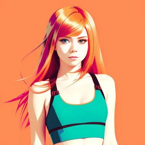 vector art, artwork by Ilya Kuvshinov, artwork by WLOP, detail vector art, loose brush effect, luminance, warm bright pastel colors, perfect hips, young Avril Lavigne, stretching, luminous, warm copper hair, pale, blue eyes, vector art, hazed out, artwork by Ilya Kuvshinov,  bright orange-pink car show background