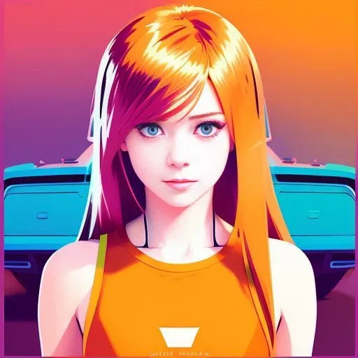 vector art, artwork by Ilya Kuvshinov, artwork by WLOP, ultra vector art, loose brush effect, luminance, warm bright pastel colors, perfect hips, young Avril Lavigne, posing, luminous, warm copper hair, pale, blue eyes, brush out, artwork by Ilya Kuvshinov, bright orange-pink car show background