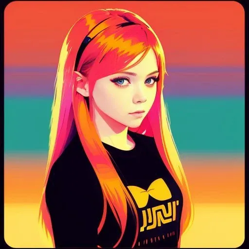 vector art, artwork by Ilya Kuvshinov, artwork by WLOP, detail vector art, loose brush effect, luminance, warm bright pastel colors, perfect hips, young Avril Lavigne, stretching, luminous, warm copper hair, pale, blue eyes, vector art, hazed out, artwork by Ilya Kuvshinov,  bright orange-pink car show background