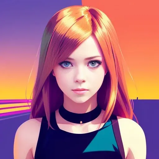 vector art, artwork by Ilya Kuvshinov, artwork by WLOP, ultra vector art, loose brush effect, luminance, warm bright pastel colors, perfect hips, young Avril Lavigne, posing, luminous, warm copper hair, pale, blue eyes, hazed out, artwork by Ilya Kuvshinov,  bright orange-pink car show background