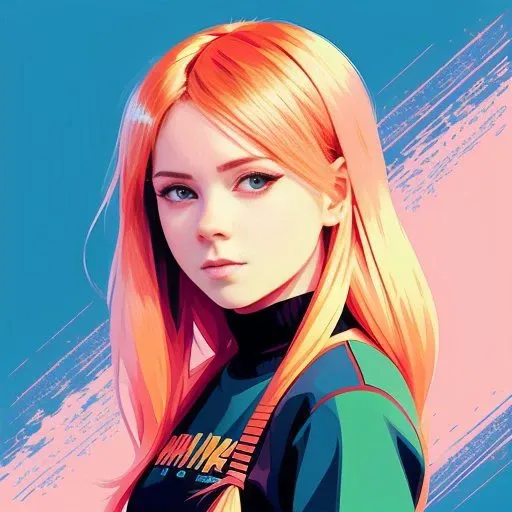 vector art, artwork by Ilya Kuvshinov, artwork by WLOP, ultra vector art, loose brush effect, luminance, warm bright pastel colors, perfect hips, young Avril Lavigne, posing, luminous, warm copper hair, pale, blue eyes, brush out, artwork by Ilya Kuvshinov, bright orange-pink car show background