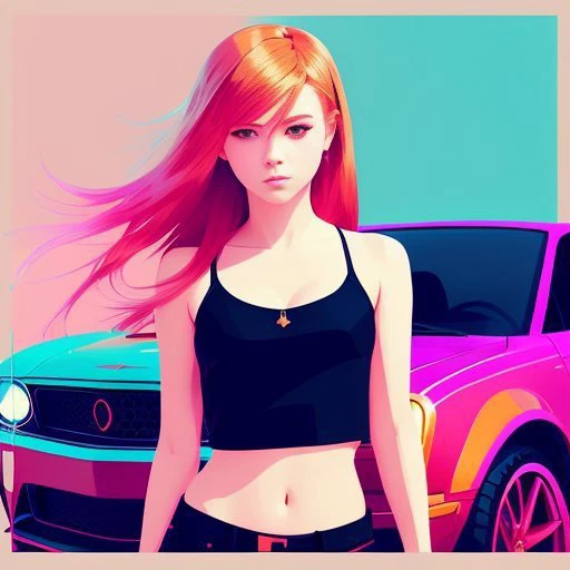 vector art, artwork by Ilya Kuvshinov, artwork by WLOP, ultra vector art, loose brush effect, luminance, warm bright pastel colors, perfect hips, young Avril Lavigne, posing, luminous, warm copper hair, pale, blue eyes, blink out, artwork by Ilya Kuvshinov, bright orange-pink car show background