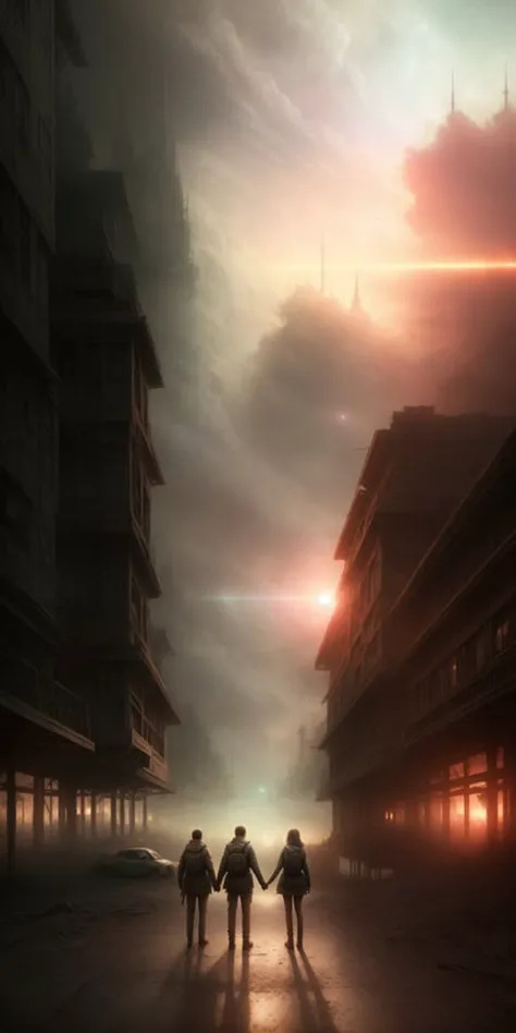 ((friendship)), end of the world, epic realistic, (hdr:1.4), (muted colors:1.4), apocalypse, abandoned, neutral colors, night, screen space refractions, (intricate details), (intricate details, hyperdetailed:1.2), artstation, cinematic shot, vignette, complex background, building,((holding hands))