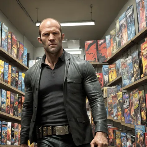 jason statham, gunfight in comic book shop