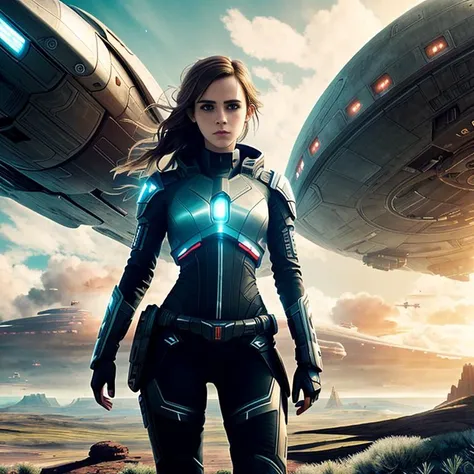 Emma Watson, A (full body:1.3) shot at 8k resolution, futuristic clothes, splash art, (((spaceship in background))), sci fi, (wide open landscape:1.8), menacing, warm colors, natural skin texture, 24mm, 4k textures, soft cinematic light, adobe lightroom, photolab, hdr, intricate, elegant, highly detailed, sharp focus, ((((cinematic look)))), soothing tones, insane details, intricate details, hyperdetailed, high contrast, soft cinematic light, hdr, faded,