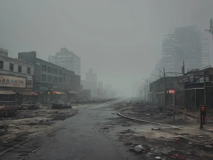 cycles render of a ruined city street, low angle, ruined skyscraper, dust and smoke particles, (rainy weather:1.3), fog, the fallout 4 style, traced, low key, dramatic lighting, cinematic, ultra-detailed, 4k