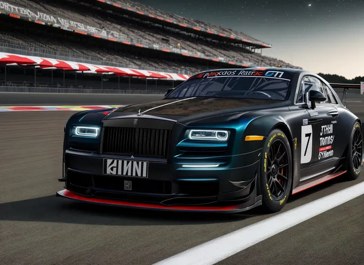 tuned [rolls royce phantom | gt3 racing car] on race track pitlane, ((night)), outdoors, night sky, stars, intricate livery, masterpiece, 75mm, realism, cinematic, (hdr:1.3), hyperrealism, intricate details, 3d render, rtx, cgi