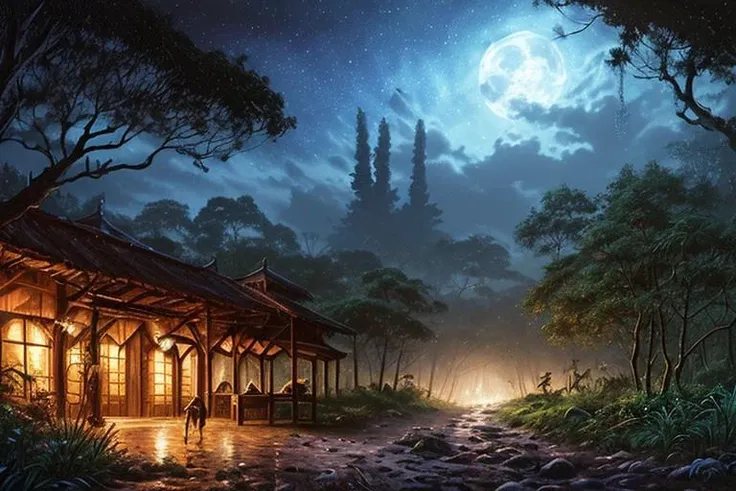 Style-Victorian:Renaissance, (From Software:0.7), Style-Dieselpunk, oil painting of a
jungle village background, stone street, moonlight,
highly detailed, dramatic lighting, hdr, 8k, (night),
By Simon Bisley,(art by Greg Rutkowski:1.1), <lora:lightAndShadow_v10:0.65>, starry,strry light,night,colorful,cloud,star \(sky\),
