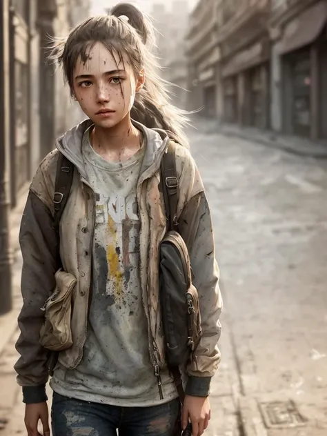 bare face,((Dirty face)),numb expression,neutral colors, ((((hdr)))), ((((muted colors)))), 1girl,a young woman, street smiling, backpack, stains, tattered clothes,ponytails, epic realistic, photo, faded, complex stuff around, intricate background, soaking wet, intricate scene, artstation, intricate details, vignette