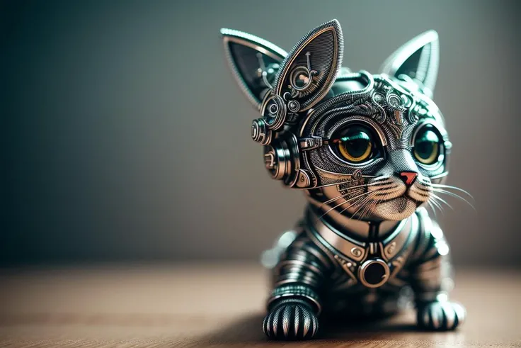 a cute kitten made out of metal, (cyborg:1.1), ([tail | detailed wire]:1.3), (intricate details), hdr, (intricate details, hyperdetailed:1.2), cinematic shot, vignette, centered,hight quality