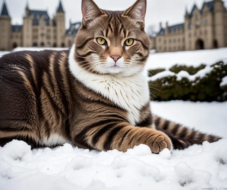 photography, RAW photo, nikon d5, 200mm 1.4f macro shot, rule of thirds, bokeh, (depth of field), realistic, photo-realistic, cinematic angle, soft lighting, DSLR,sharp focus, exposure blend, (soothing tones), (photorealistic, photorealism:1.2).
photograph  of 1 cat lying on snow, British Shorthair, front, (solo), looking at the viewer, castle in background. (detailed and beautiful eyes, black pupils : 1.3), (golden eyes), highly detailed, ultra detailed.
8k uhd, highly detailed, ultra detailed, best quality, ultra high res, film grain