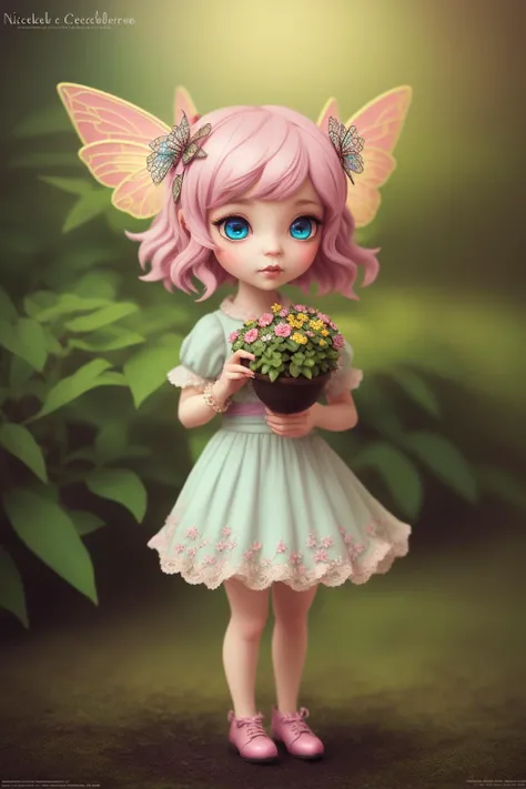 full body shot, Fairytale, dreamlike, octane render, 3d, 8k, gouache painting, Vibrant pastel colors, cinematic character render, lush illumination, chibi kawaii, Insanely detailed close up adorable portrait vintage pixie garden gnome fairy, Detailed face, delicate face, large round reflective eyes, Nicoletta Ceccoli, Mark Ryden, Craig Davison