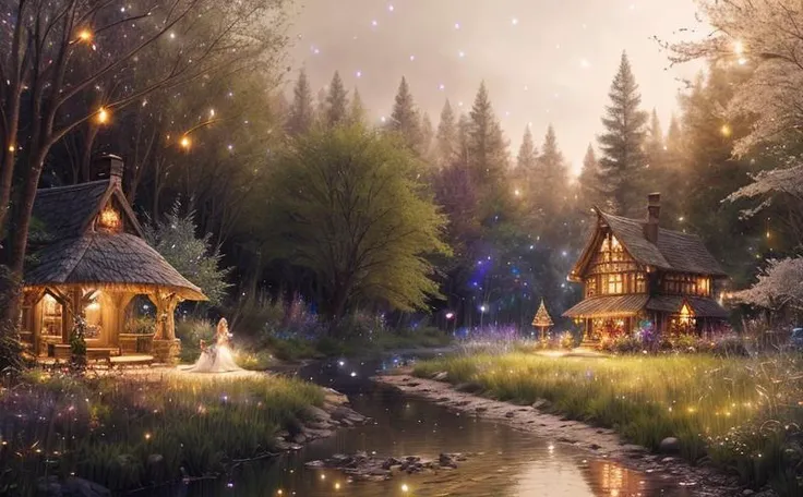 girl, elf ears, long silver hair, white dress, (fairy forest in the background, twilight, fireflies, colorful trees, river, house), (dark shot:1.17), epic realistic, faded, ((neutral colors)), art, (hdr:1.5), (muted colors:1.2), hyperdetailed, (artstation:1.5), cinematic, warm lights, dramatic light, (intricate details:1.1), complex background, (rutkowski:0.8), (teal and orange:0.4)