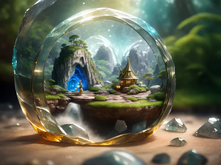 intricately detailed, a small world with an elfin forest and a dog, inside a solid crystal geode, river running inside, bokeh, brass lid, octane render, dramatic lighting, intricate, sharp focus, library in background, super detailed, fantasy, river
